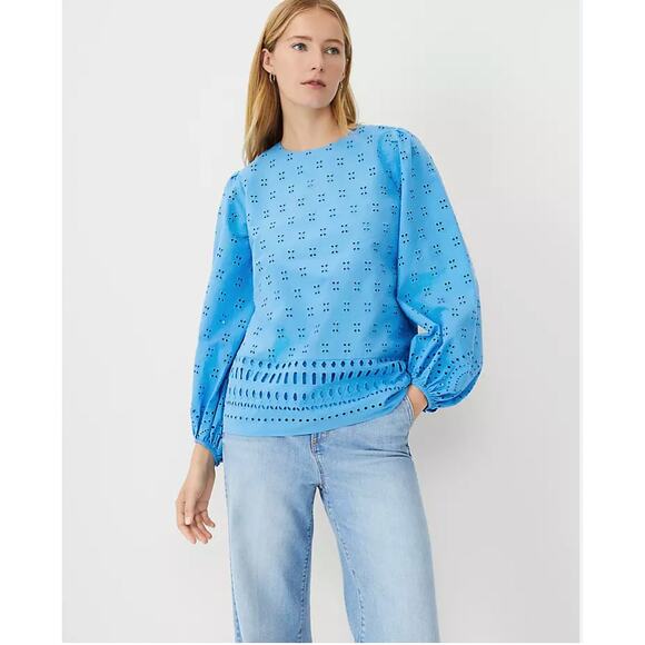 Ann Taylor XL Blue Long Sleeve Eyelet 24” p2p Balloon Sleeves Tunic  XL0 - Picture 1 of 7